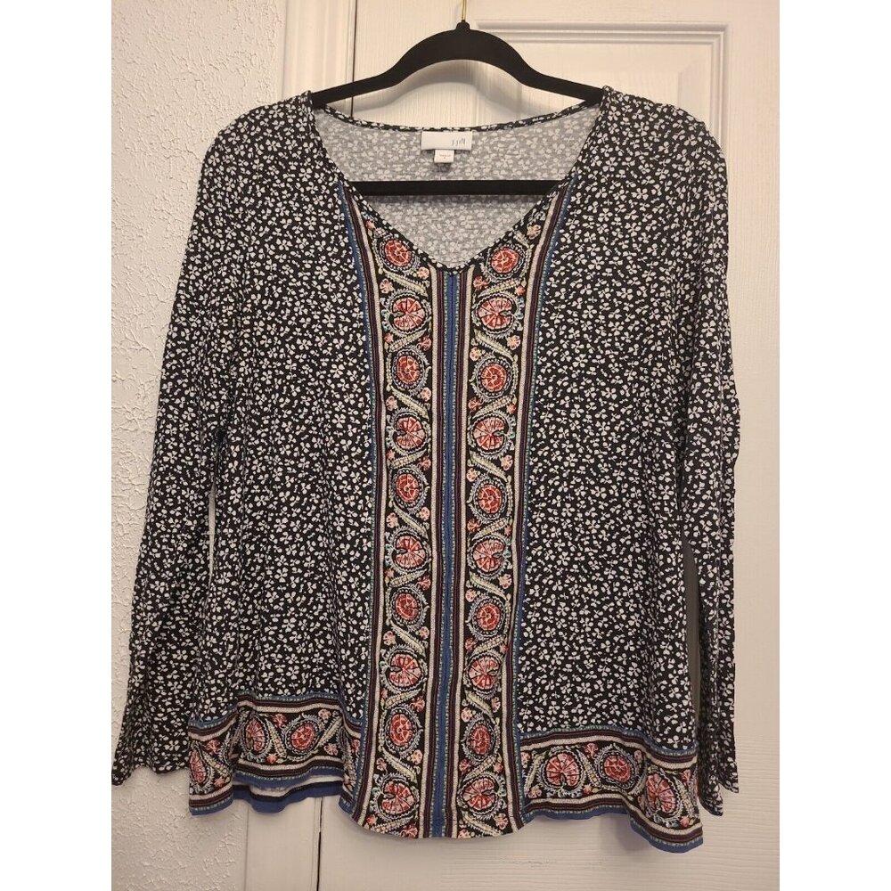 J Jill Shirt Small White Black Pink Print Open Neck Long Slv Boho Style Top